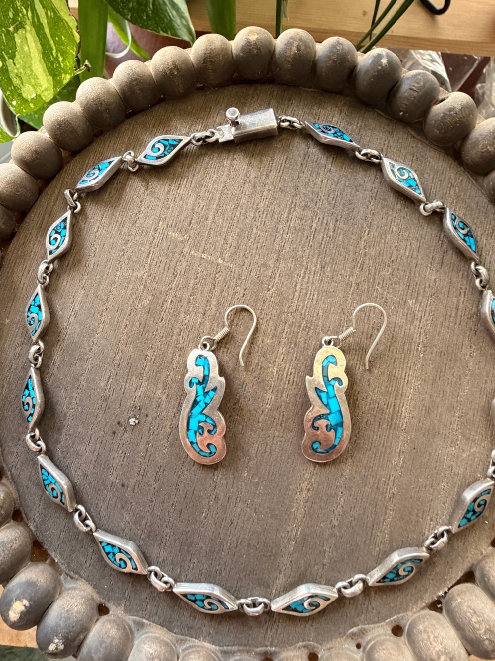 Blue Inlay Silver Necklace and Earring Set - Women Jewelry